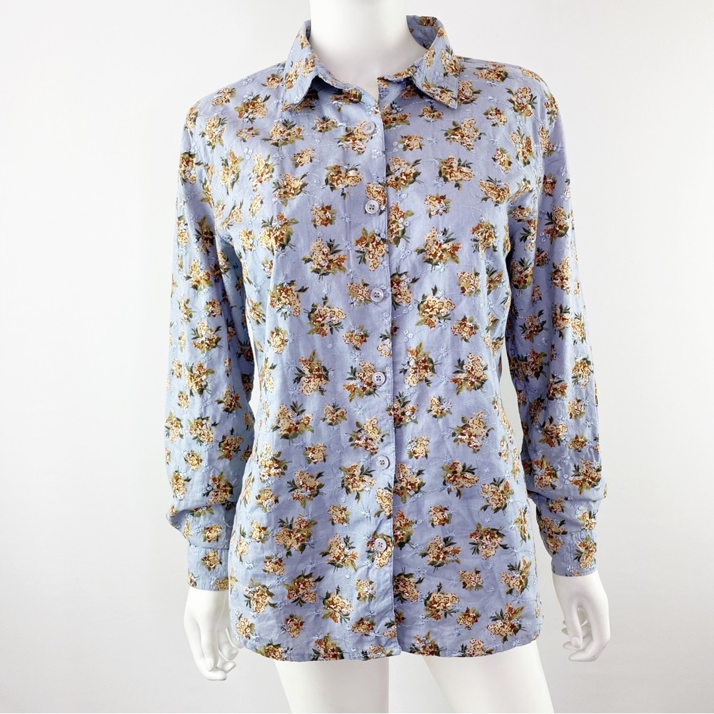 Lemon-Grass Blue Floral Eyelet Embroidered Long Sleeve Button Down Shirt Size S